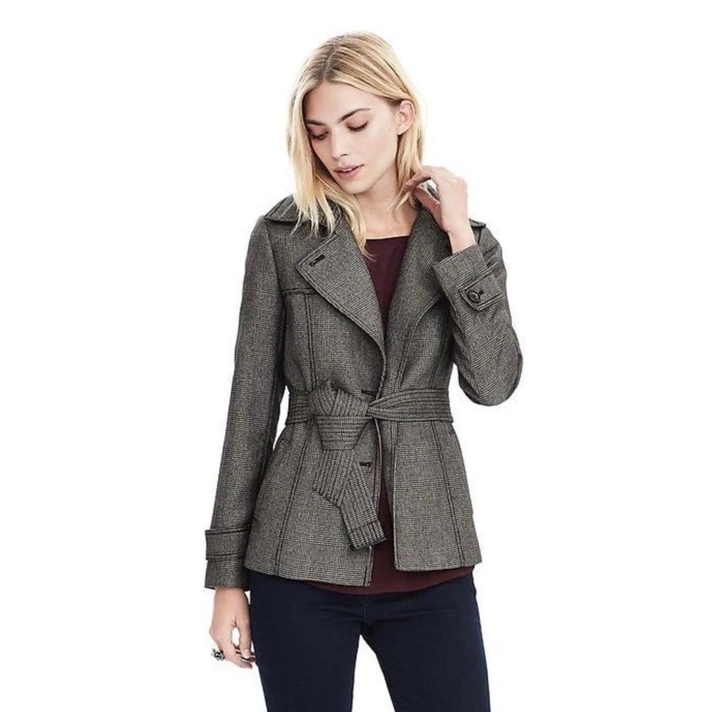 BANANA REPUBLIC Double Breasted Black Houndstooth Belted Pea Coat Women's Size 4